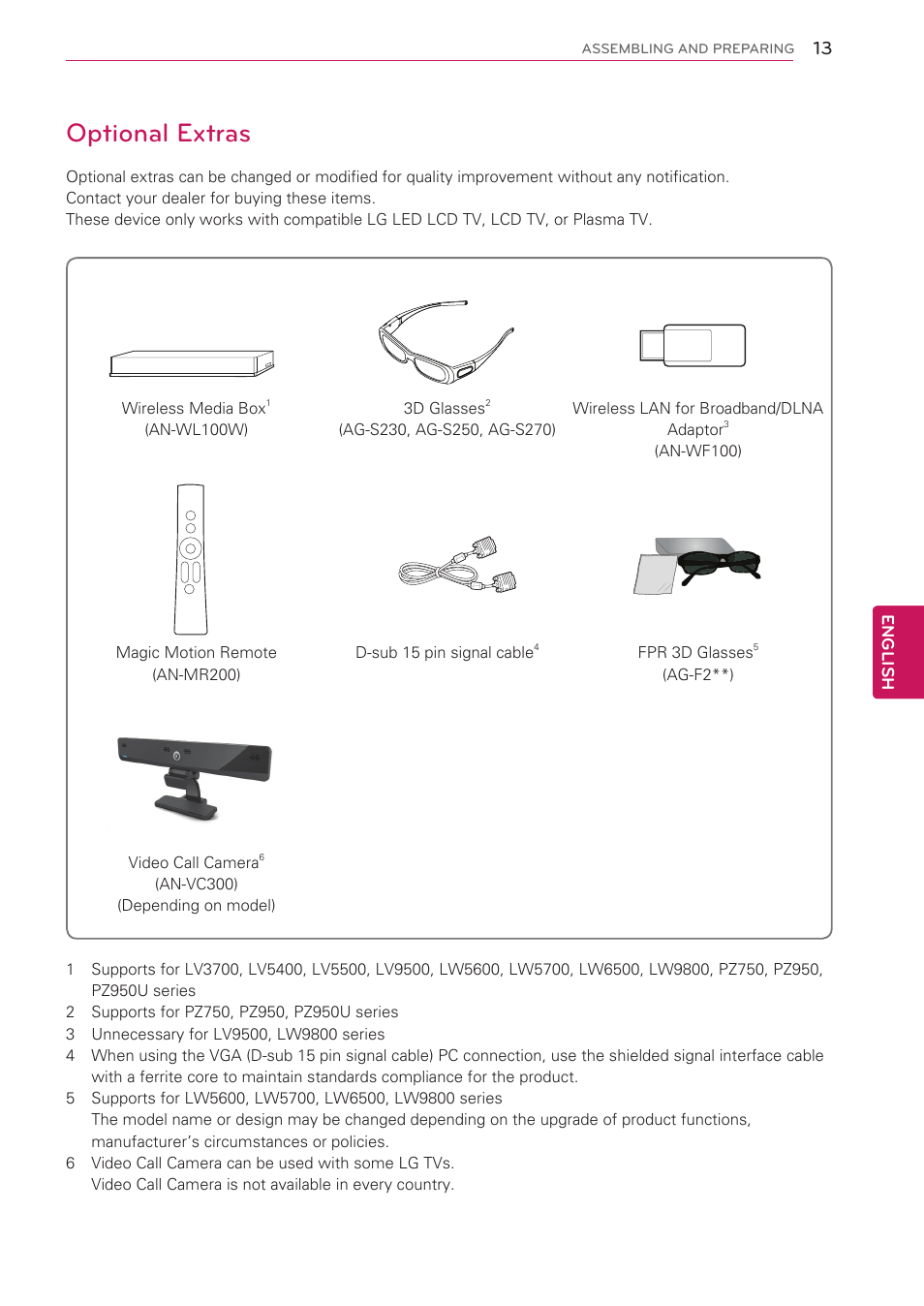 Optional extras | LG 55LW5700 User Manual | Page 13 / 172