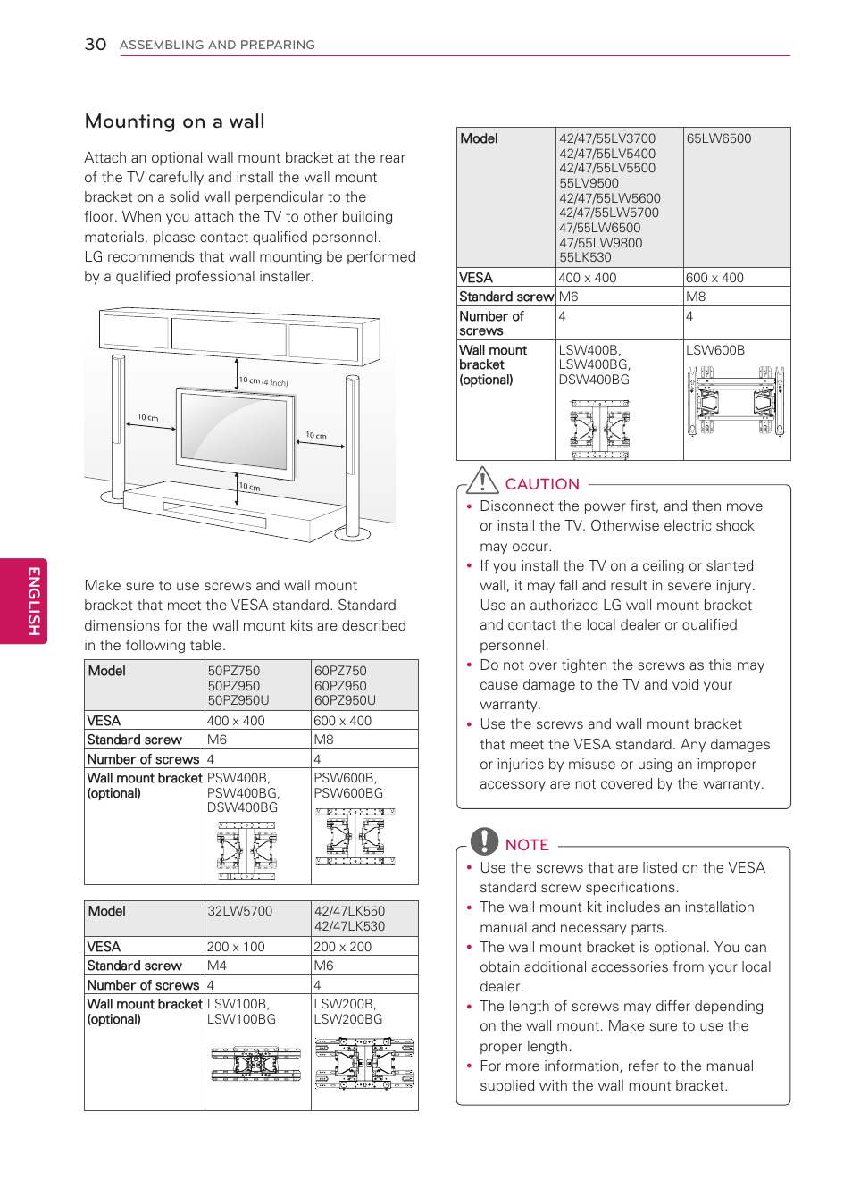 Mounting on a wall | LG 55LW5700 User Manual | Page 30 / 172