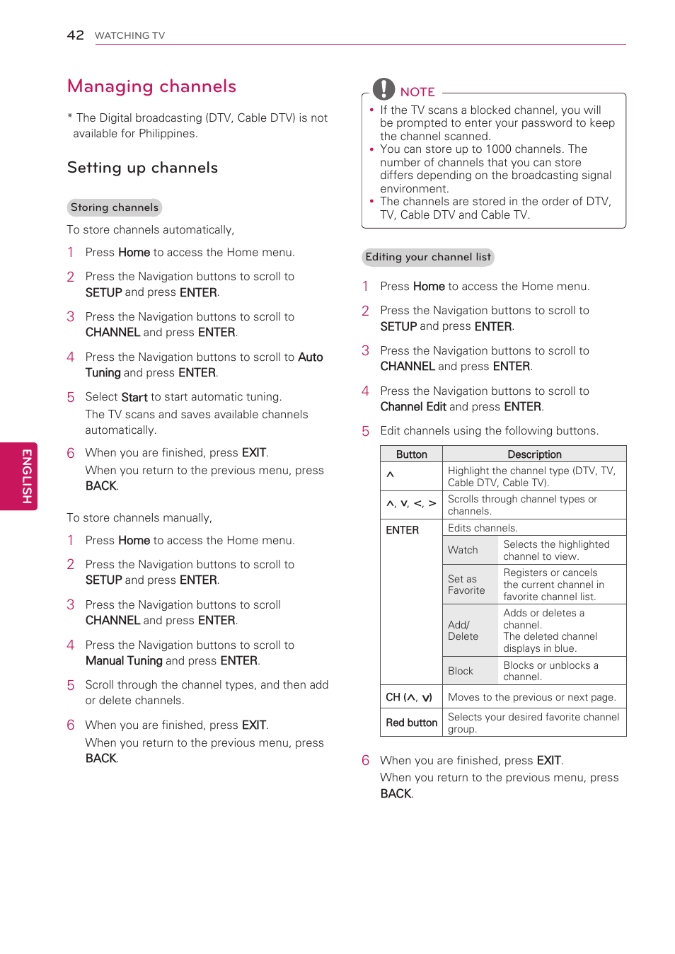 Managing channels, Setting up channels | LG 55LW5700 User Manual | Page 42 / 172