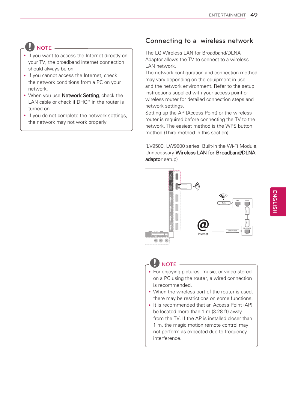 Connecting to a wireless network, English, Entertainment | LG 55LW5700 User Manual | Page 49 / 172