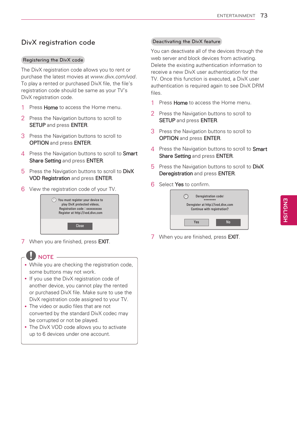 Divx registration code | LG 55LW5700 User Manual | Page 73 / 172