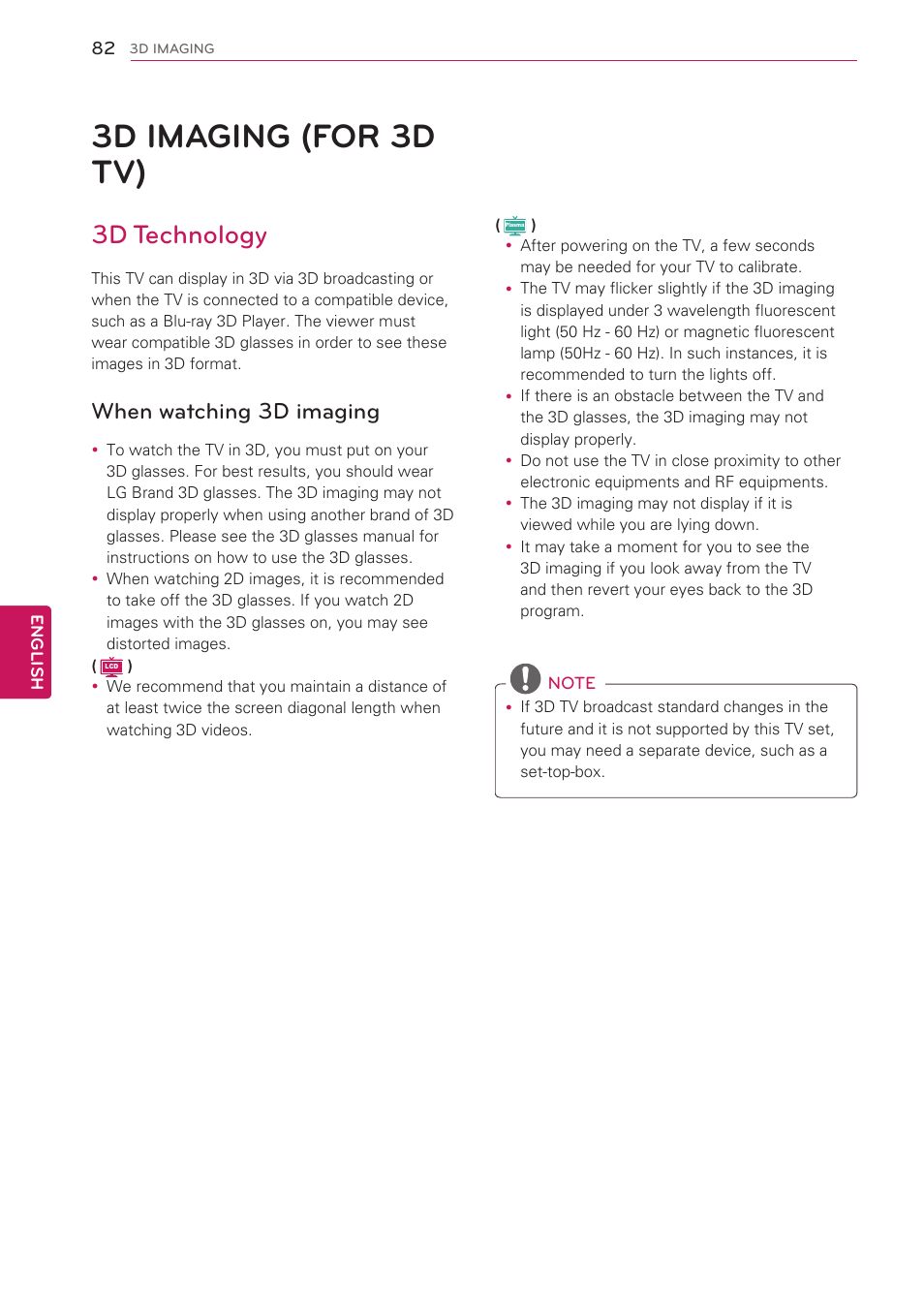 3d imaging (for 3d tv), 3d technology, When watching 3d imaging | 82 3d imaging (for 3d tv) | LG 55LW5700 User Manual | Page 82 / 172