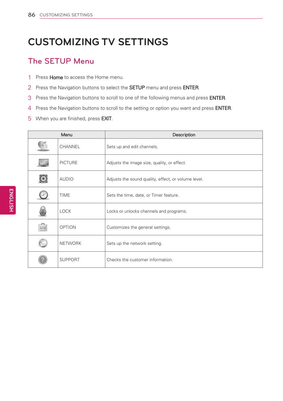 Customizing tv settings, The setup menu, 86 customizing tv settings | LG 55LW5700 User Manual | Page 86 / 172