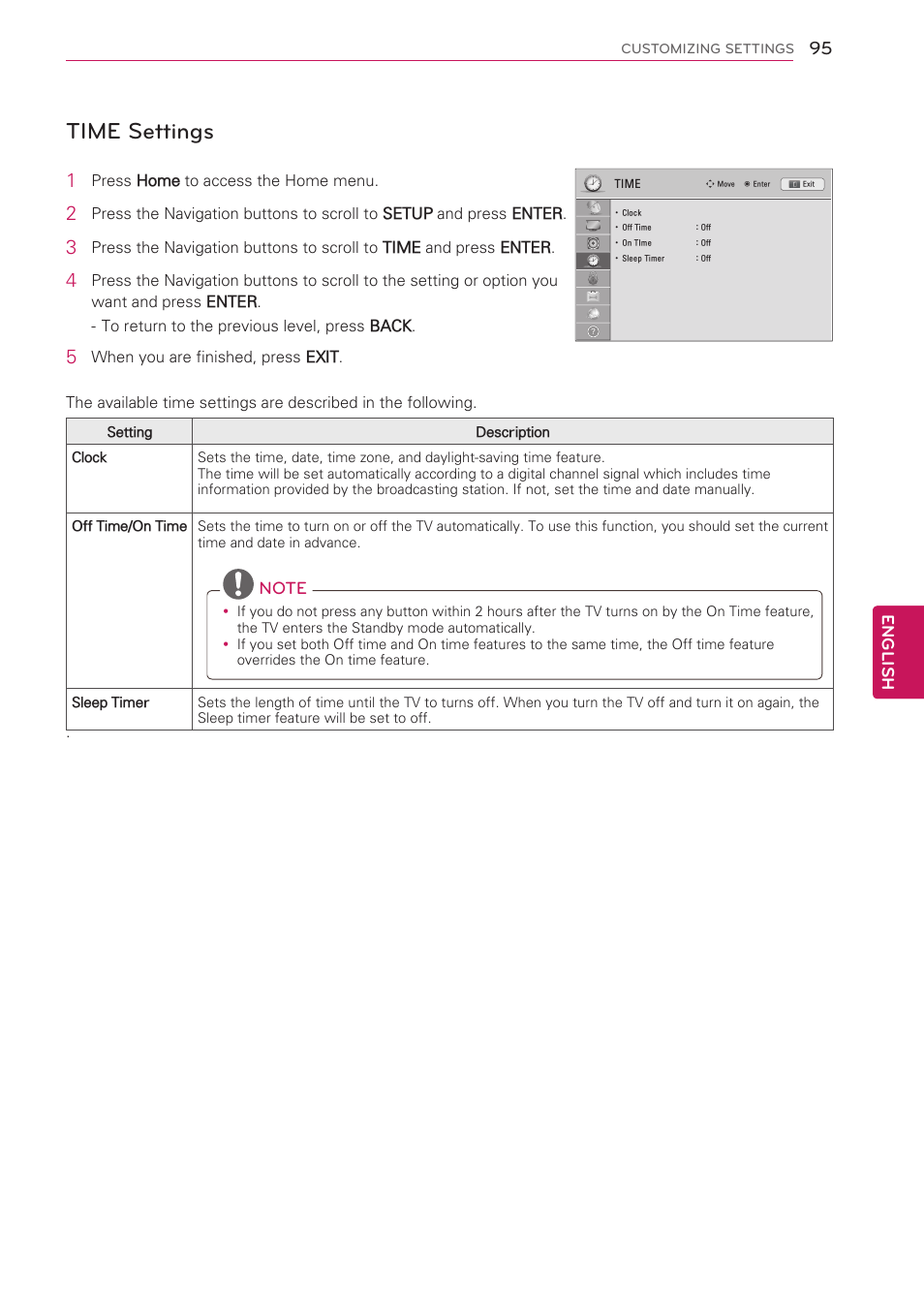 Time settings | LG 55LW5700 User Manual | Page 95 / 172