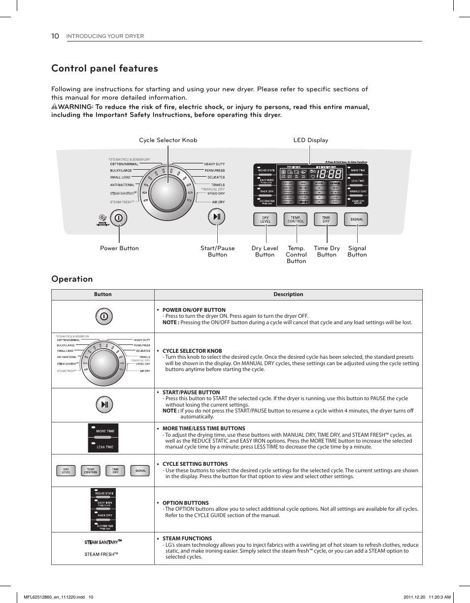 Control panel features, Operation | LG DLGX3071W User Manual | Page 10 / 96