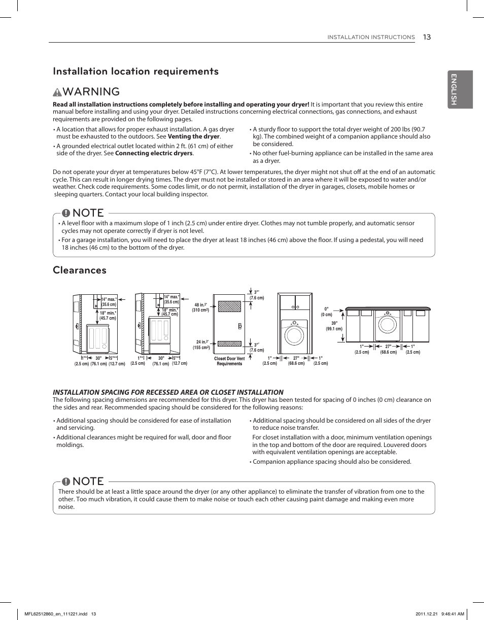 Warning, Installation location requirements, Clearances | English | LG DLGX3071W User Manual | Page 13 / 96