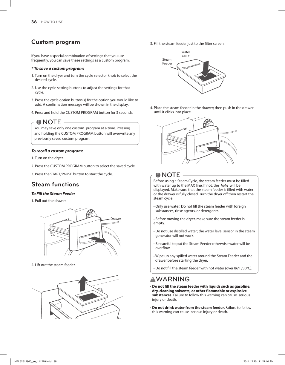 Warning, Custom program, Steam functions | LG DLGX3071W User Manual | Page 36 / 96