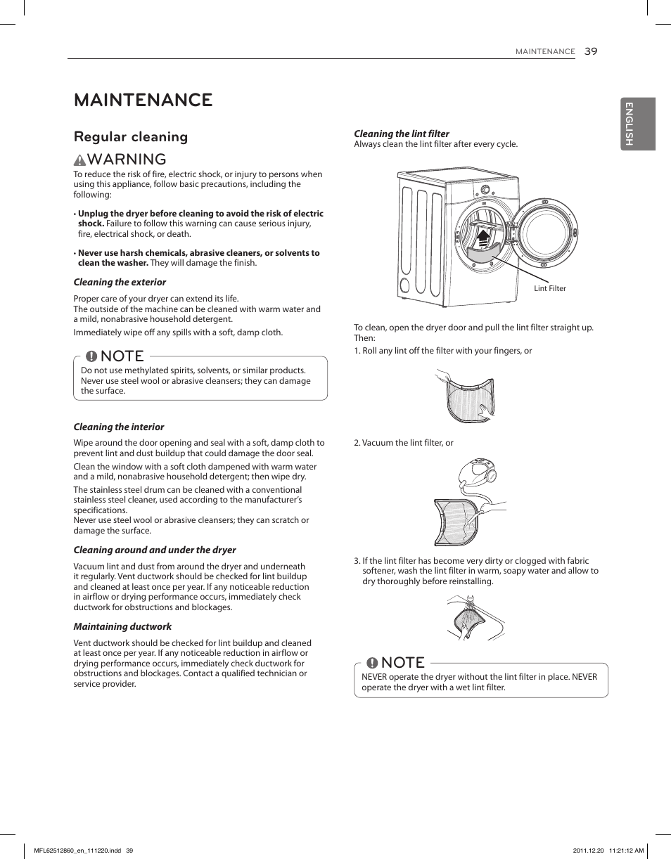 Maintenance, Warning, Regular cleaning | LG DLGX3071W User Manual | Page 39 / 96