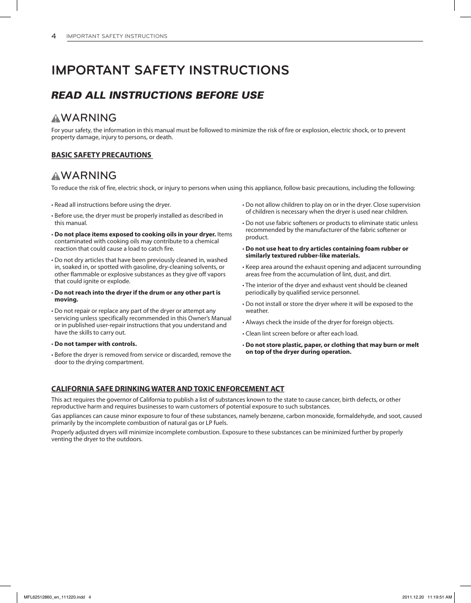 Important safety instructions, Warning, Read all instructions before use w | LG DLGX3071W User Manual | Page 4 / 96