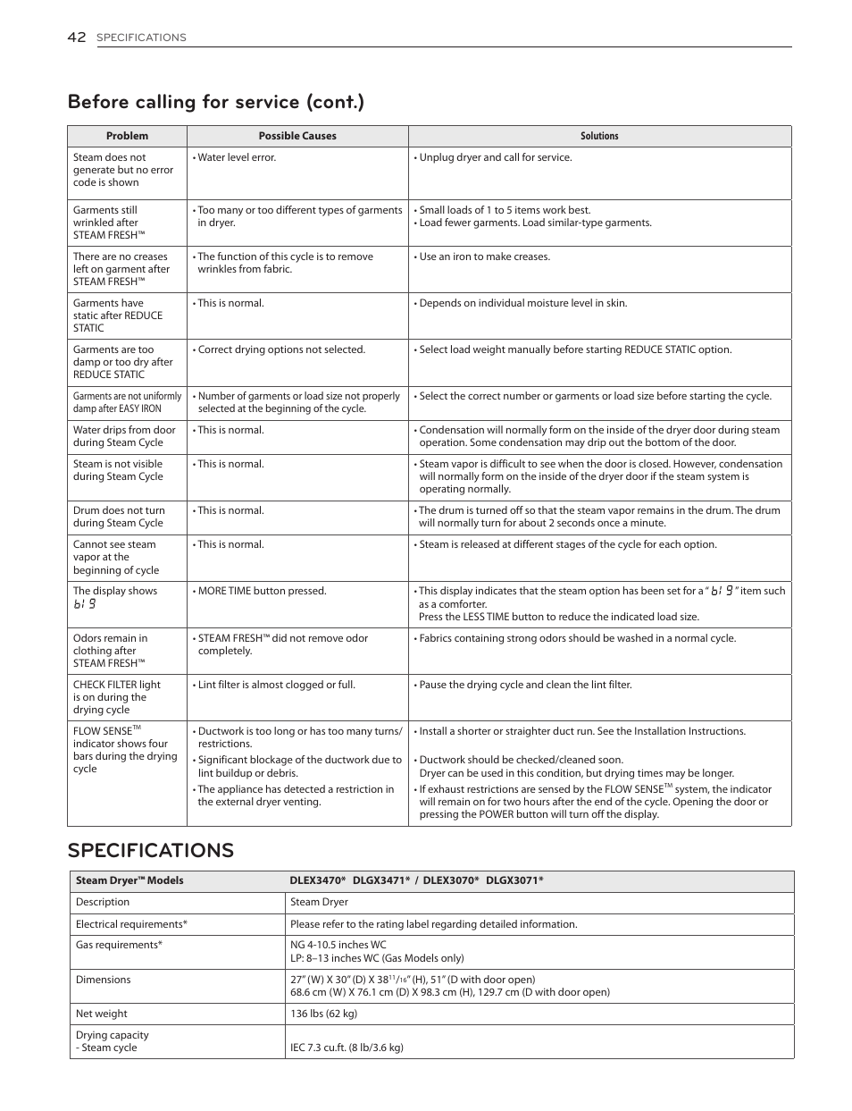 Before calling for service (cont.) specifications | LG DLGX3071W User Manual | Page 42 / 96