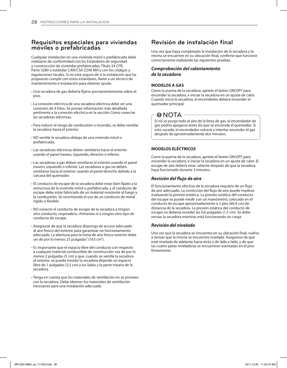 Nota, Revisión de instalación final | LG DLGX3071W User Manual | Page 74 / 96