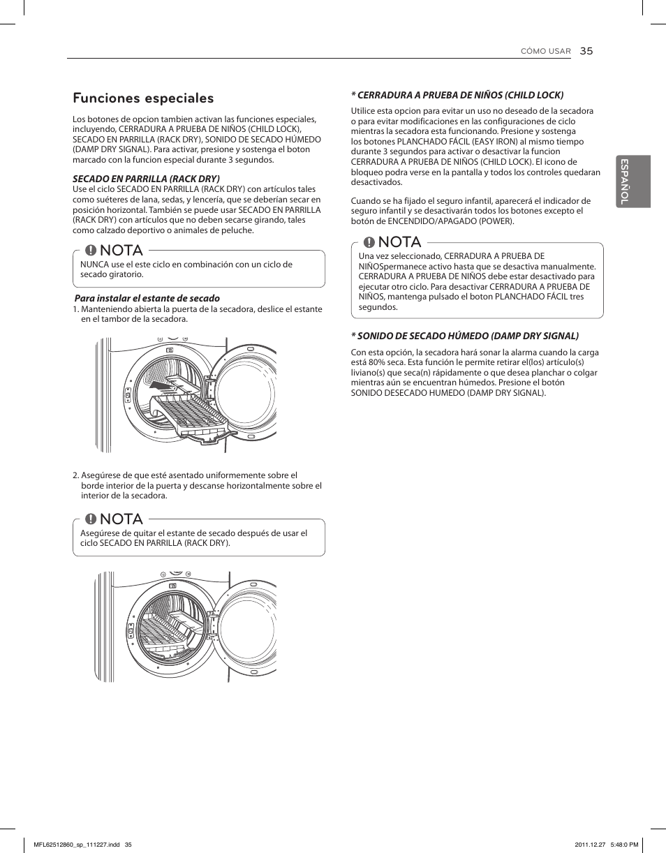 Nota, Funciones especiales | LG DLGX3071W User Manual | Page 81 / 96