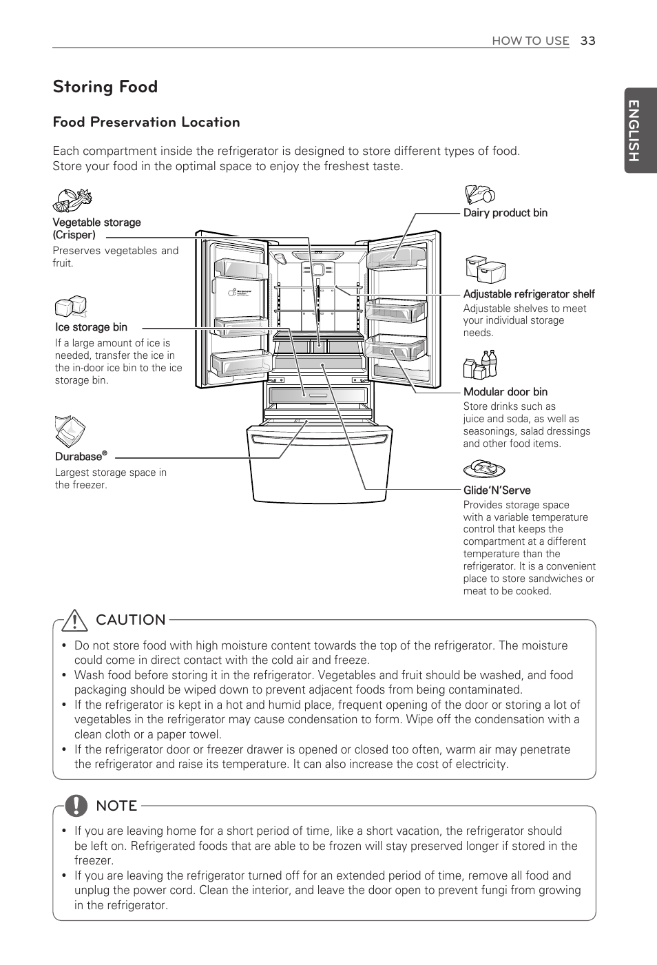 Storing food, Food preservation location, Caution | English | LG LFX25991ST User Manual | Page 33 / 61