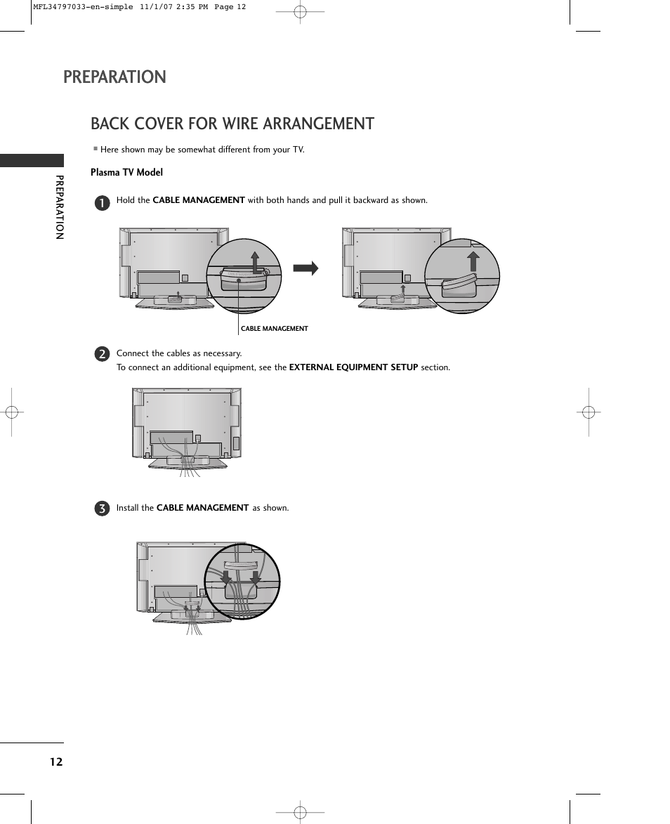 Preparation, Back cover for wire arrangement | LG 50PC5D-UL User Manual | Page 14 / 34