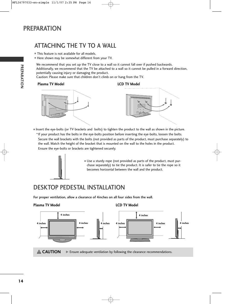 Preparation, Attaching the tv to a wall, Desktop pedestal installation | Caution | LG 50PC5D-UL User Manual | Page 16 / 34