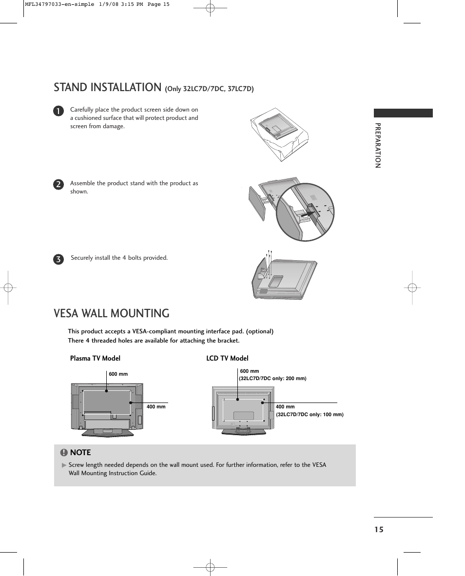 Stand installation, Vesa wall mounting | LG 50PC5D-UL User Manual | Page 17 / 34