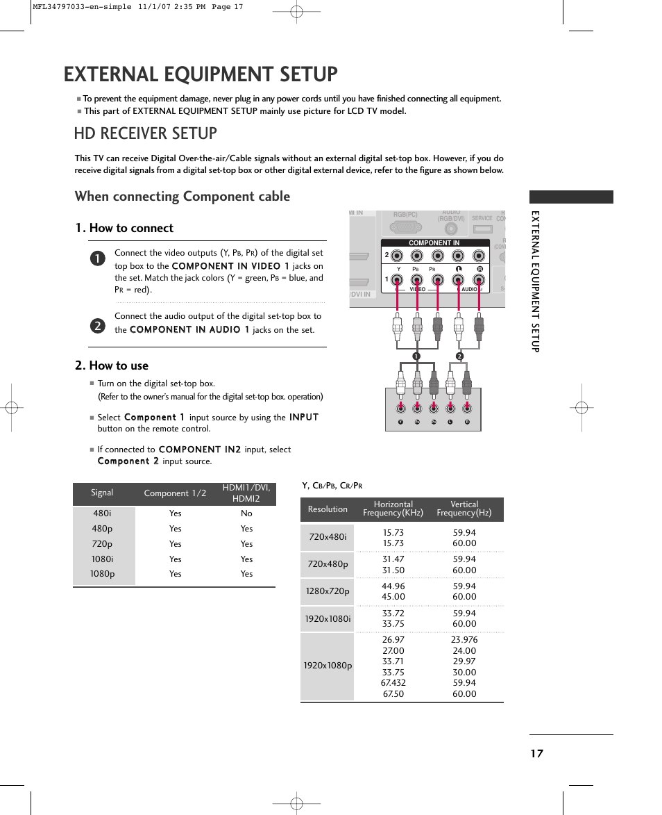 External equipment setup, Hd receiver setup, When connecting component cable | How to connect, How to use | LG 50PC5D-UL User Manual | Page 19 / 34