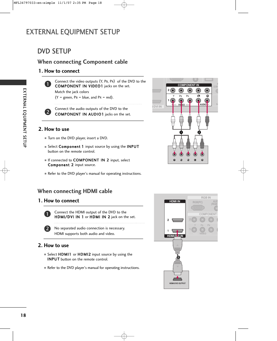External equipment setup, Dvd setup, When connecting component cable | When connecting hdmi cable, How to connect 2. how to use | LG 50PC5D-UL User Manual | Page 20 / 34