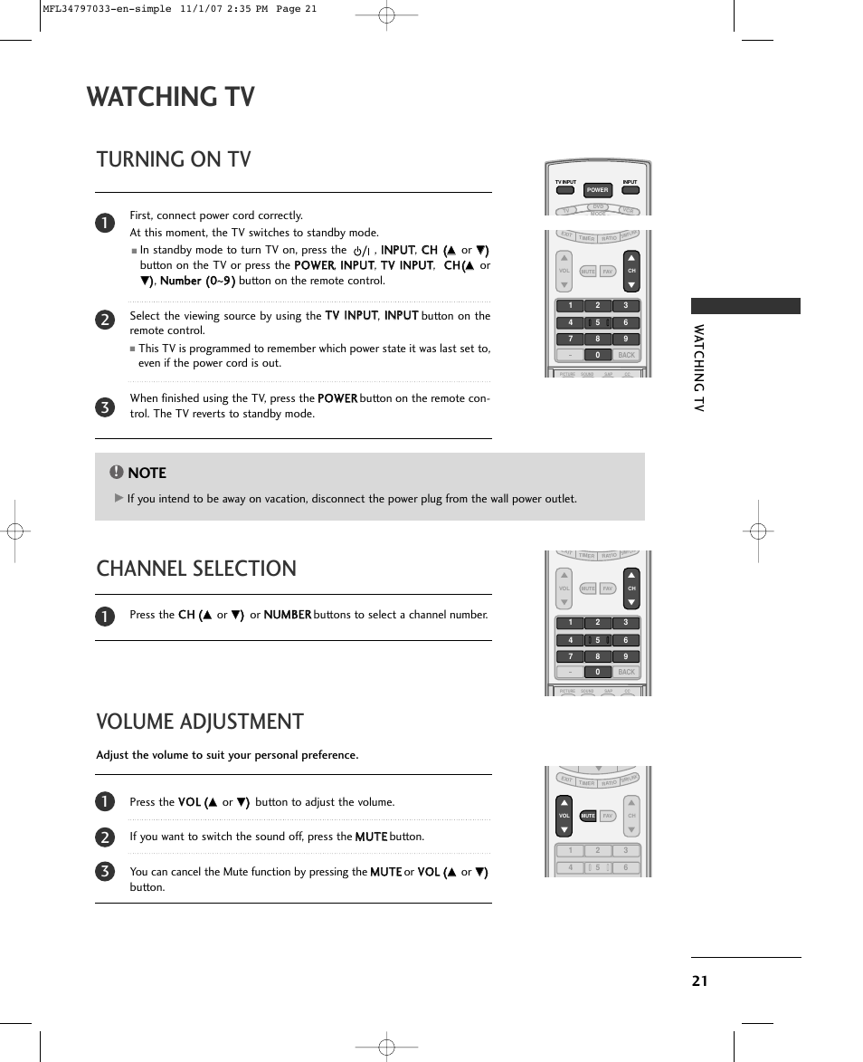 Turning on tv, Volume adjustment channel selection, Watching tv | LG 50PC5D-UL User Manual | Page 23 / 34