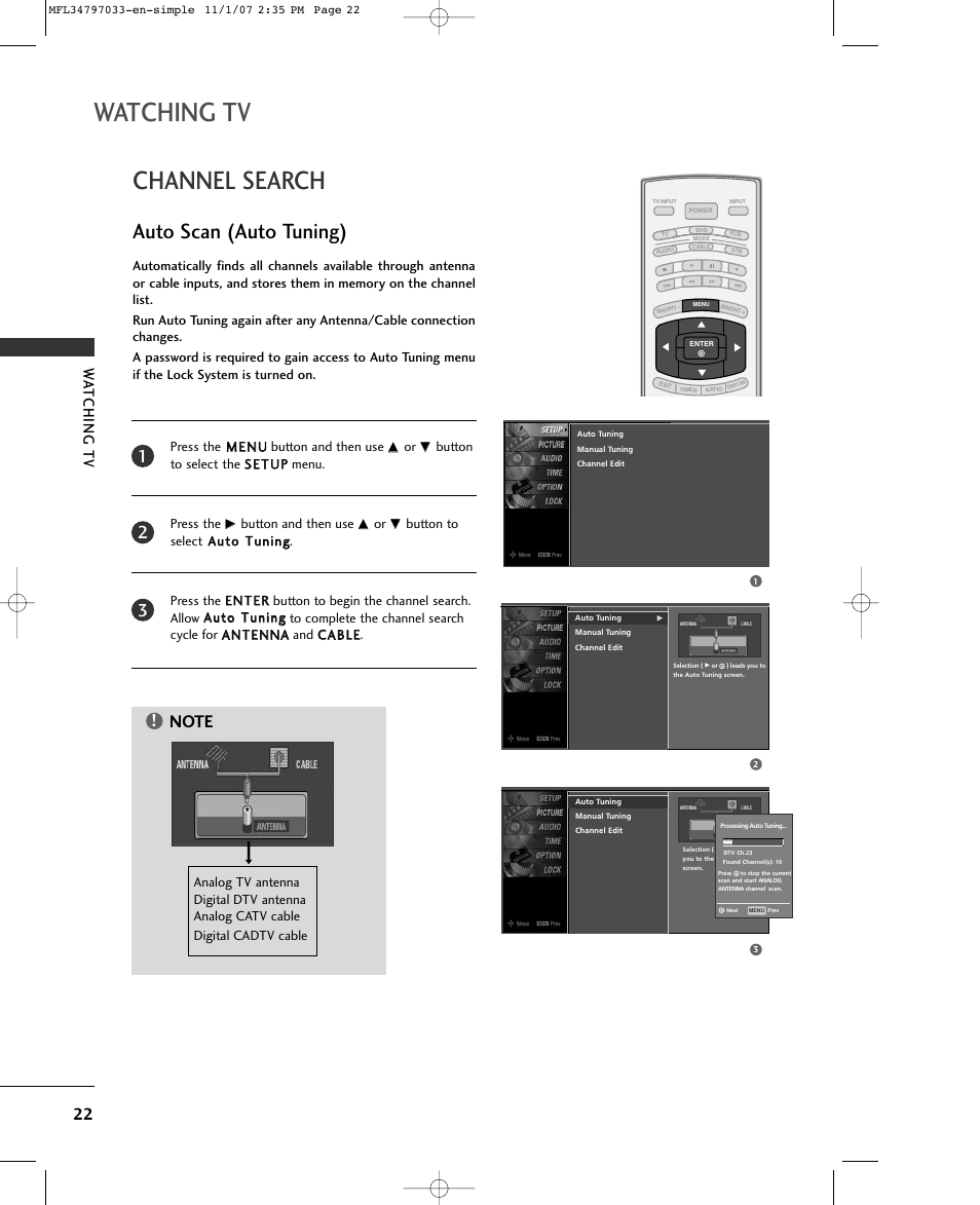 Channel search, Auto scan (auto tuning), Watching tv | LG 50PC5D-UL User Manual | Page 24 / 34