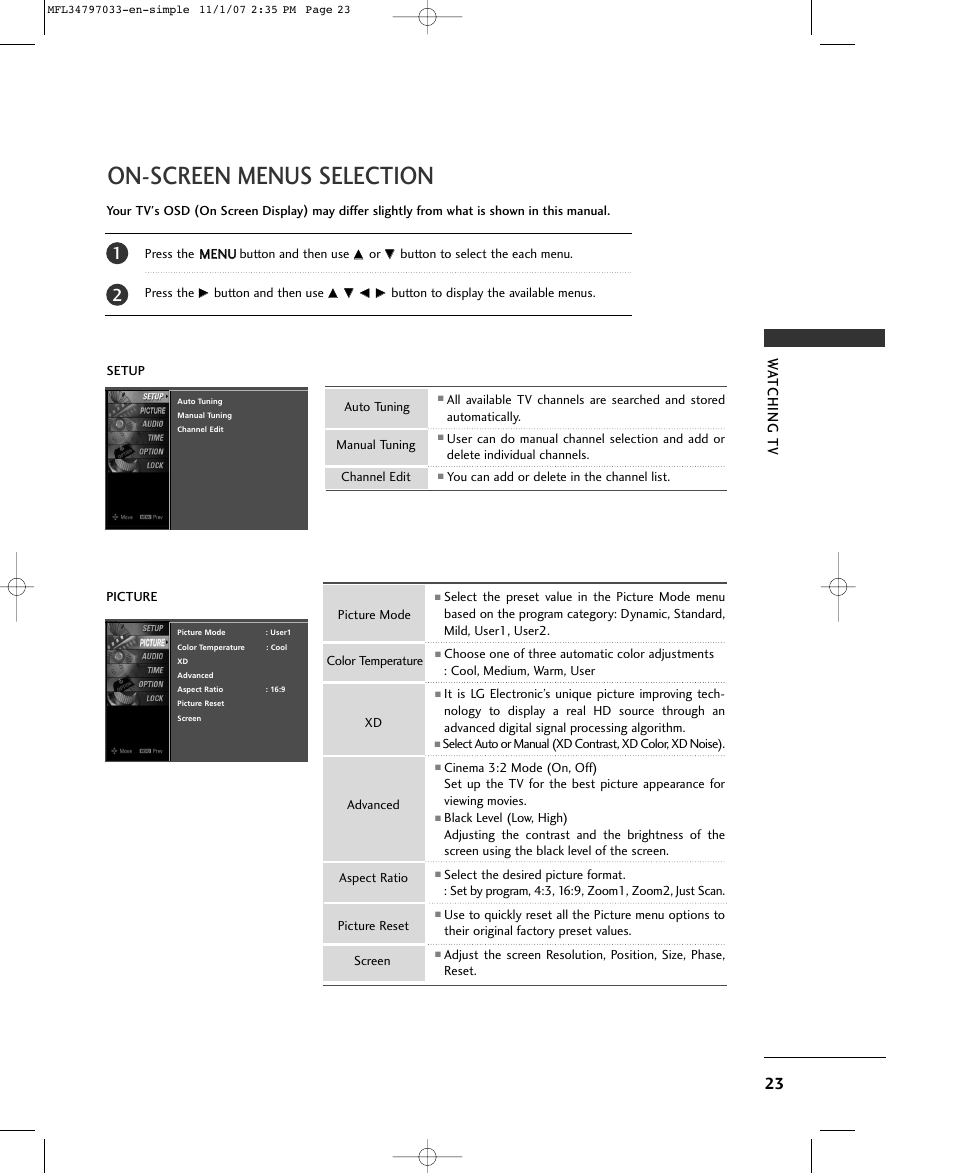 On-screen menus selection, Watching tv | LG 50PC5D-UL User Manual | Page 25 / 34