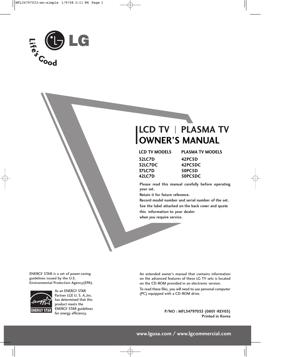 Lcd tv plasma tv owner’s manual | LG 50PC5D-UL User Manual | Page 3 / 34