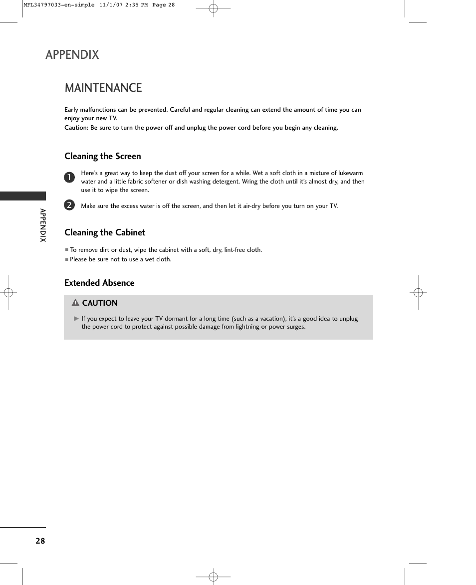Appendix, Maintenance, Cleaning the screen | Cleaning the cabinet, Extended absence | LG 50PC5D-UL User Manual | Page 30 / 34
