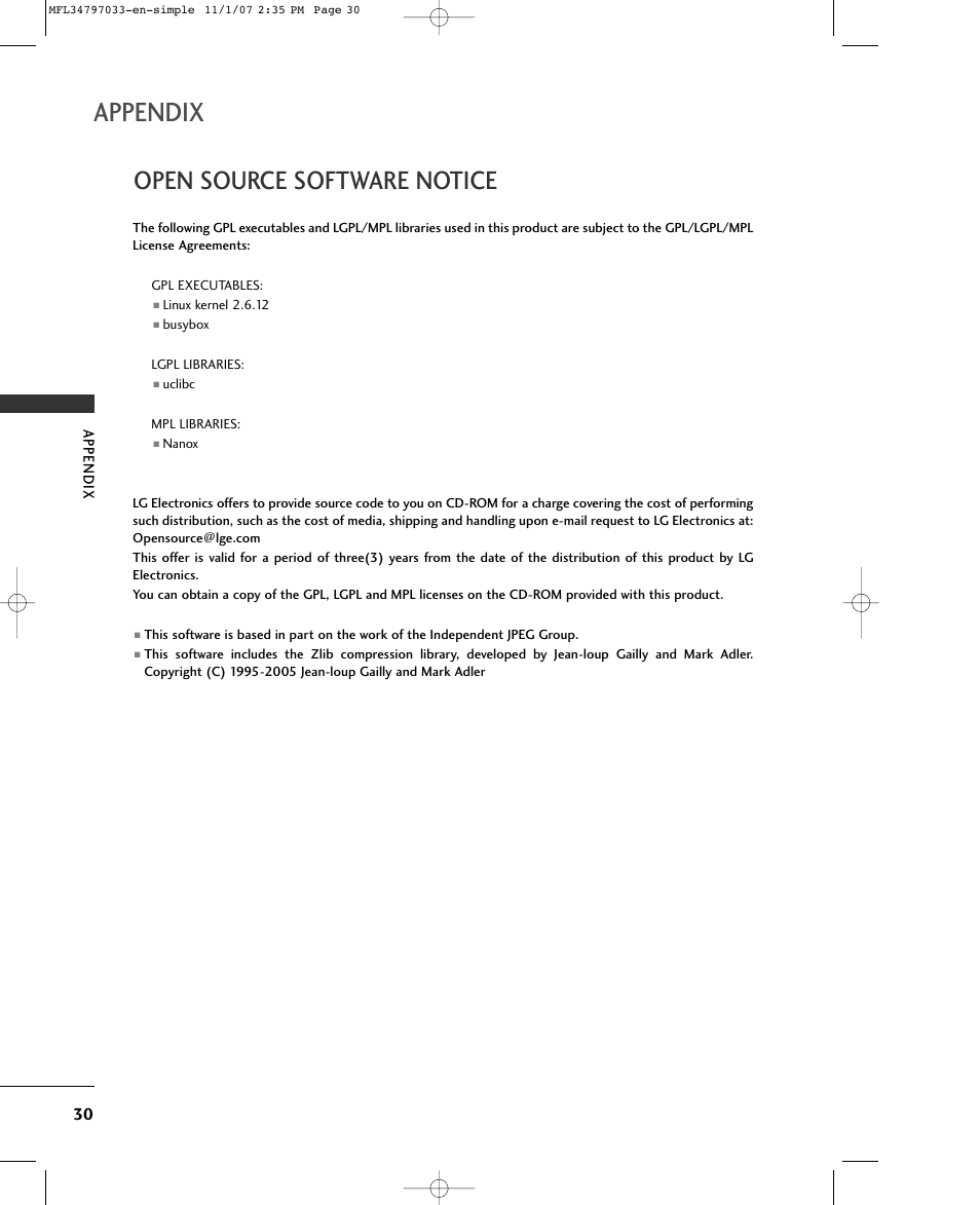 Appendix, Open source software notice | LG 50PC5D-UL User Manual | Page 32 / 34