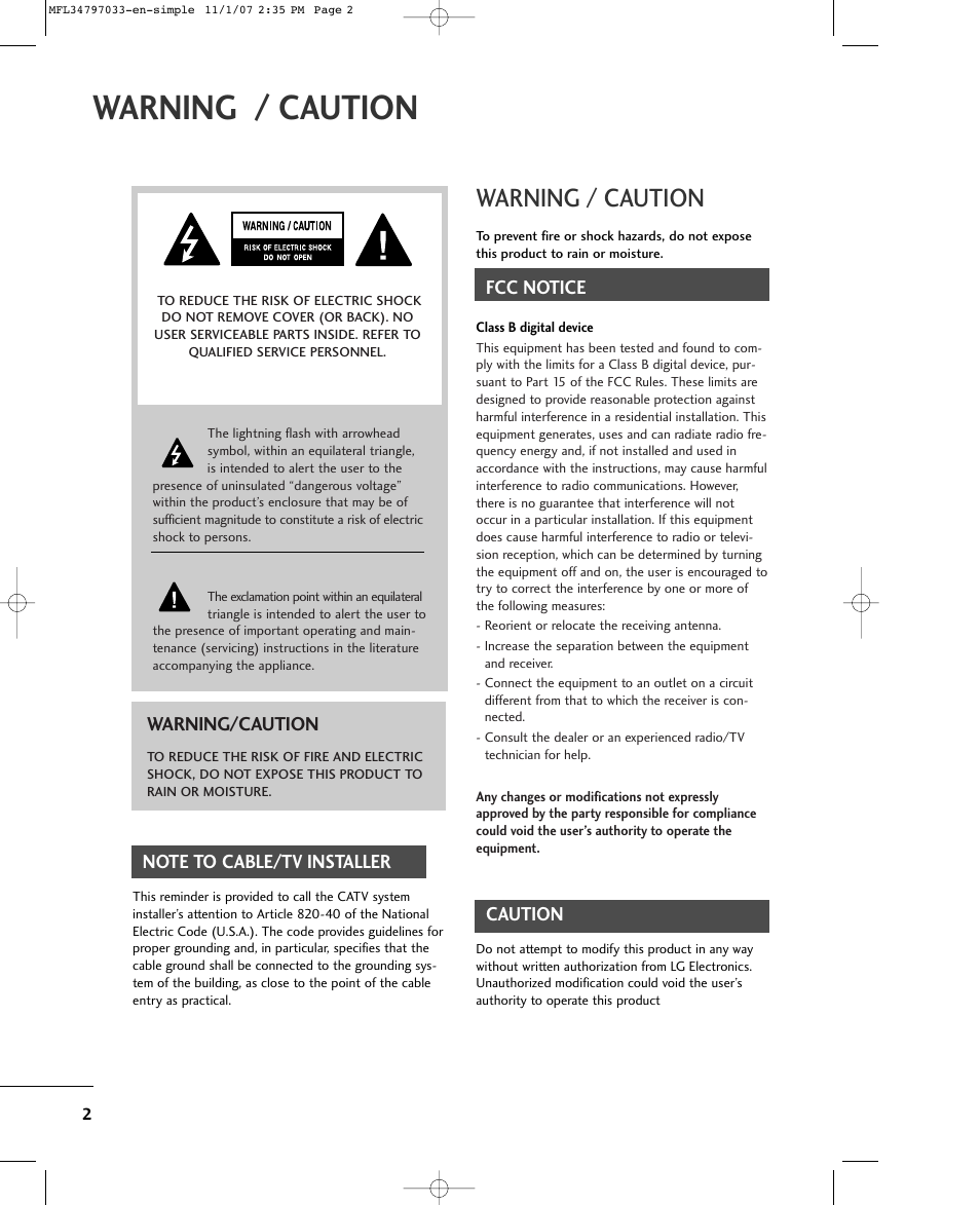 Warning / caution, Fcc notice, Caution | Warning/caution | LG 50PC5D-UL User Manual | Page 4 / 34