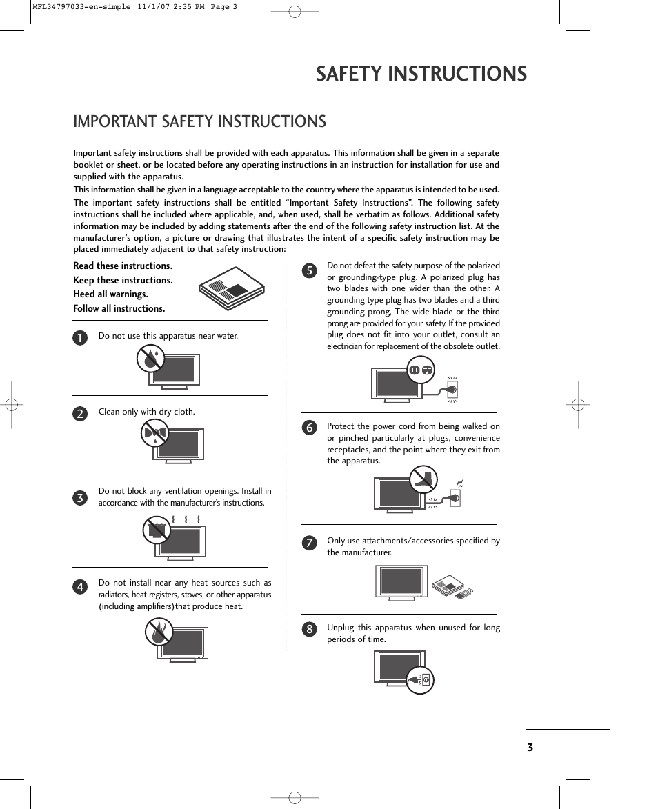 Safety instructions, Important safety instructions | LG 50PC5D-UL User Manual | Page 5 / 34