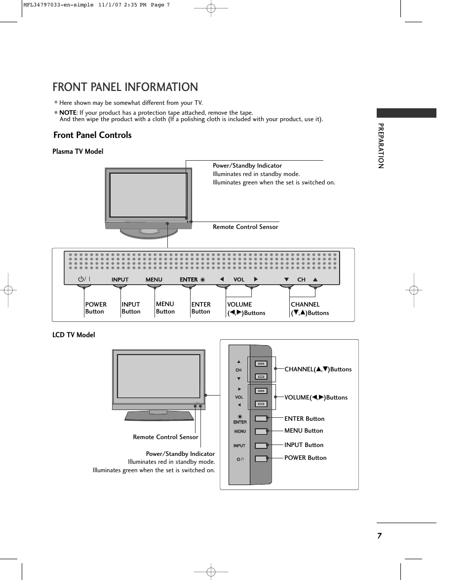 Front panel information, Front panel controls, Prep ar ation | Plasma tv model lcd tv model | LG 50PC5D-UL User Manual | Page 9 / 34