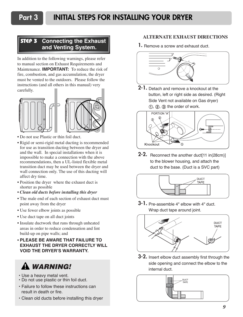 Part 3 initial steps for installing your dryer, Warning | LG DLE2515S User Manual | Page 10 / 64