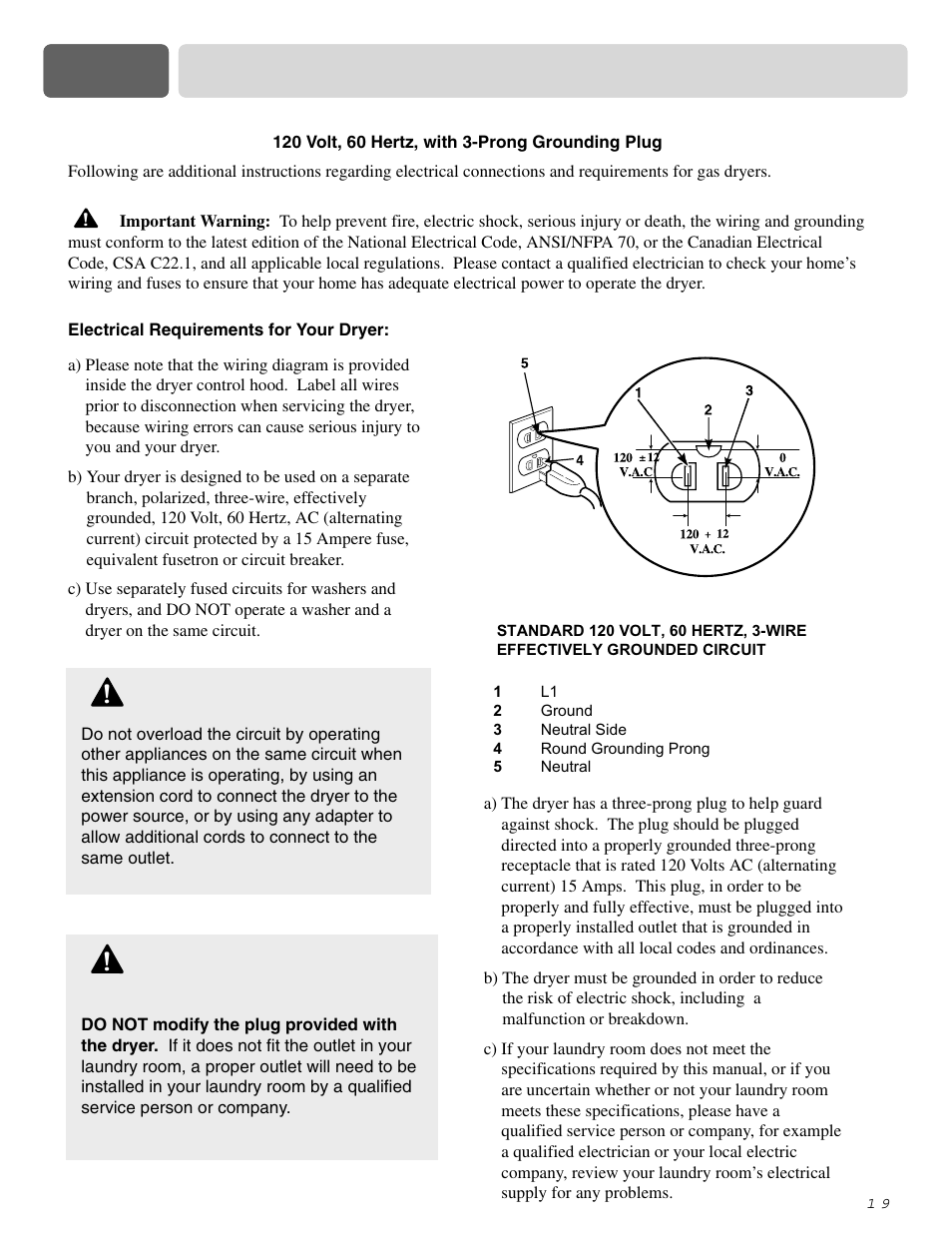 Part 6 electrical requirements for gas dryers, Warning | LG DLE2515S User Manual | Page 20 / 64