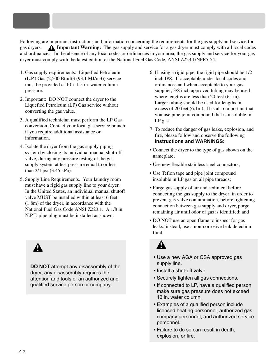 Part 7 gas requirements and instructions, Warning | LG DLE2515S User Manual | Page 21 / 64