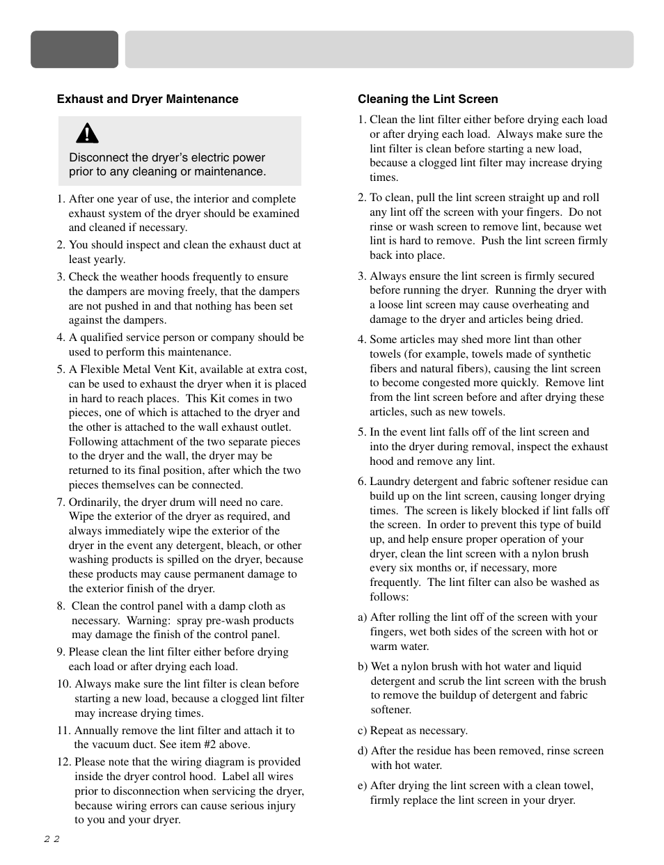 Part 8 exhaust requirements and maintenance, Warning | LG DLE2515S User Manual | Page 23 / 64