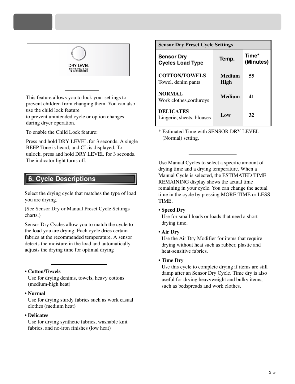 Part 9 operating your dryer | LG DLE2515S User Manual | Page 26 / 64