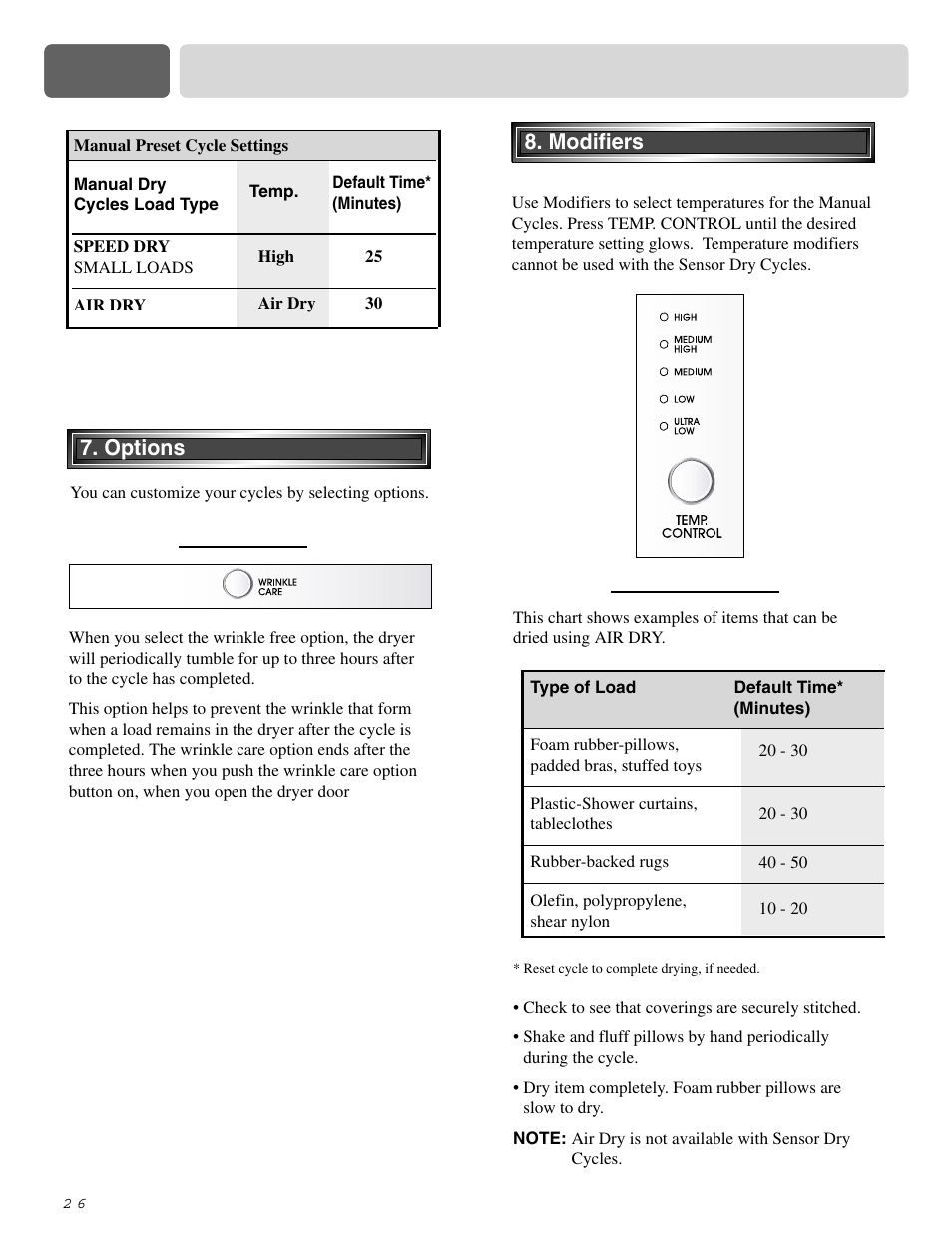 Part 9 operating your dryer, Options 8. modifiers 8. modifiers | LG DLE2515S User Manual | Page 27 / 64