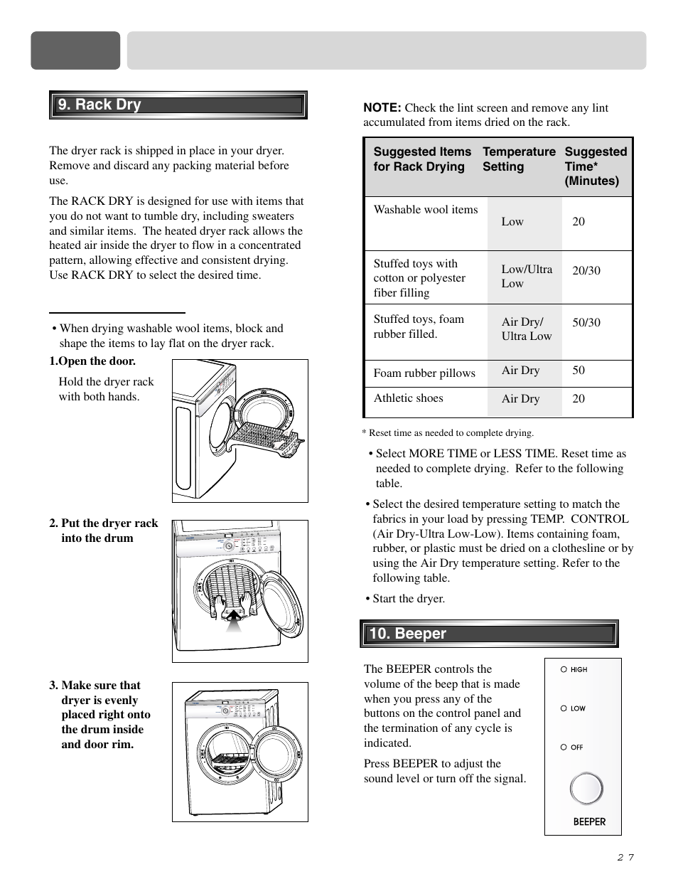 Part 9 operating your dryer | LG DLE2515S User Manual | Page 28 / 64