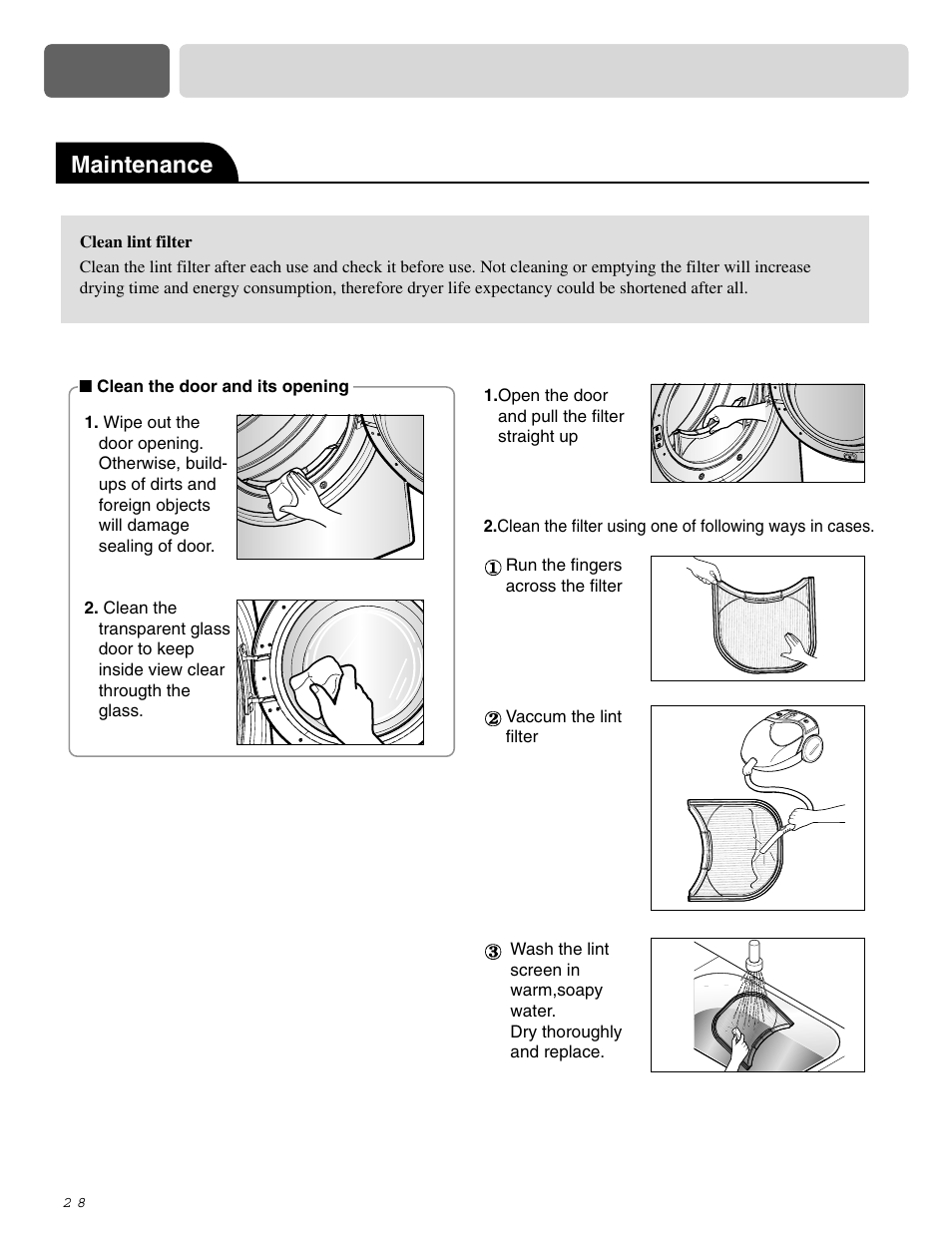 Part 9 operating your dryer, Maintenance | LG DLE2515S User Manual | Page 29 / 64