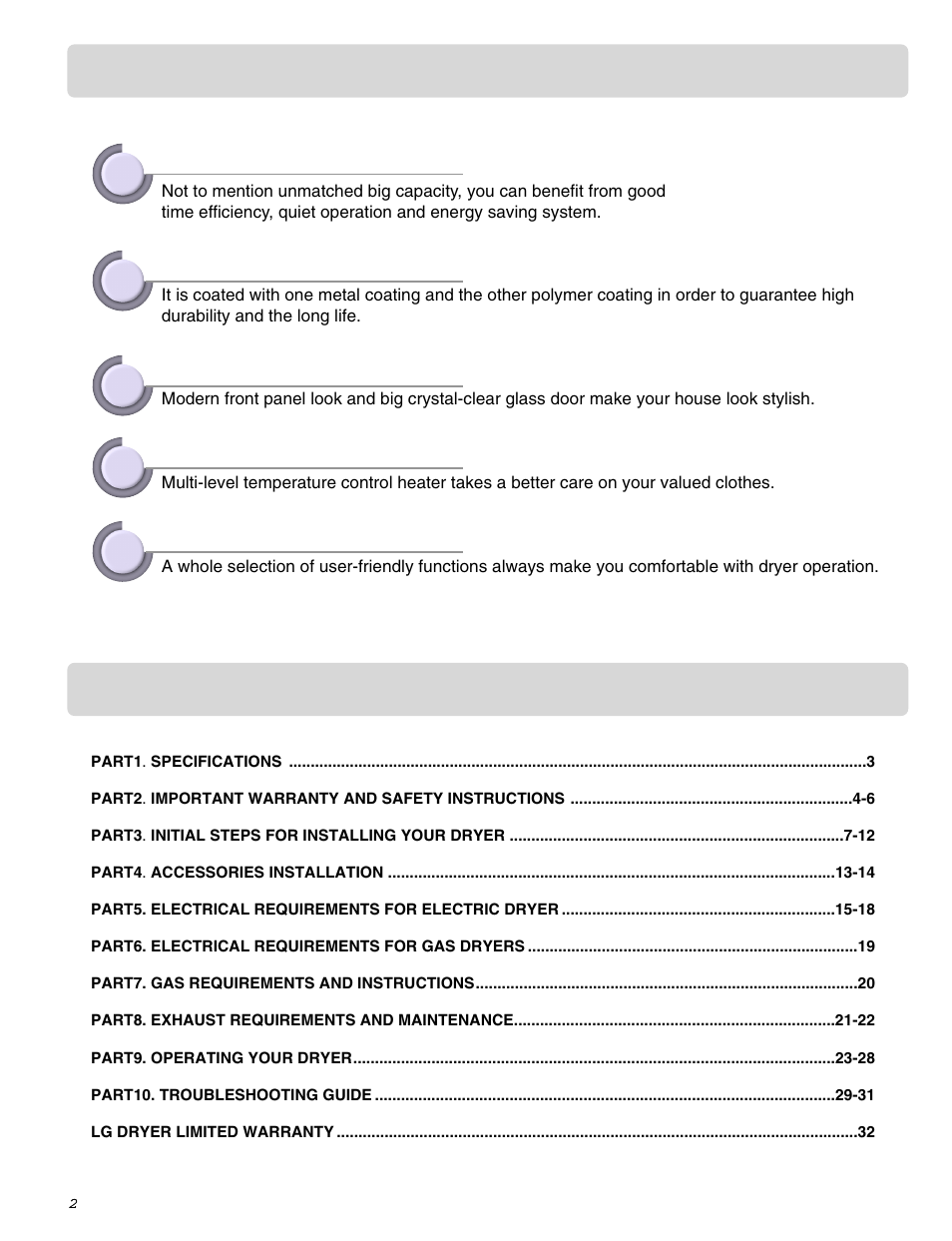 Product features table of contents | LG DLE2515S User Manual | Page 3 / 64