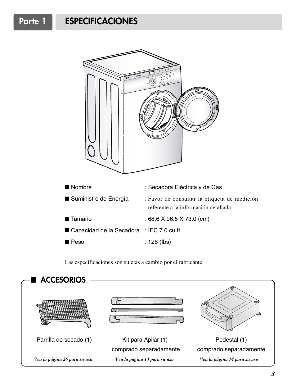 Parte 1 especificaciones, Accesorios | LG DLE2515S User Manual | Page 35 / 64