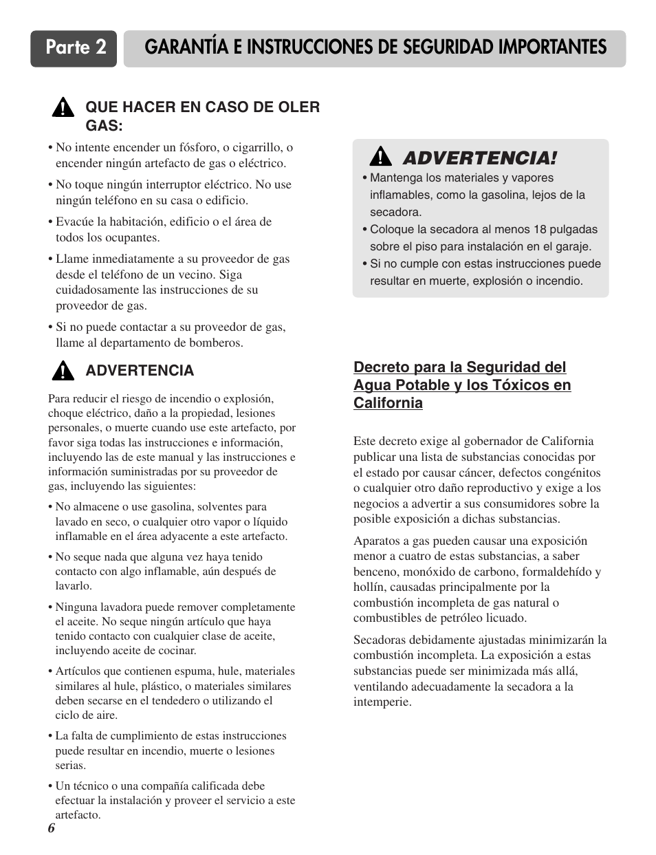 Parte 2, Garantía e instrucciones de seguridad importantes, Advertencia | LG DLE2515S User Manual | Page 38 / 64