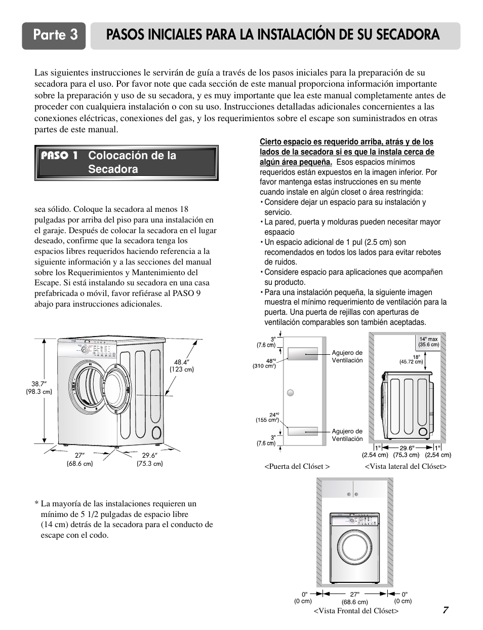 Paso 1 colocación de la secadora | LG DLE2515S User Manual | Page 39 / 64