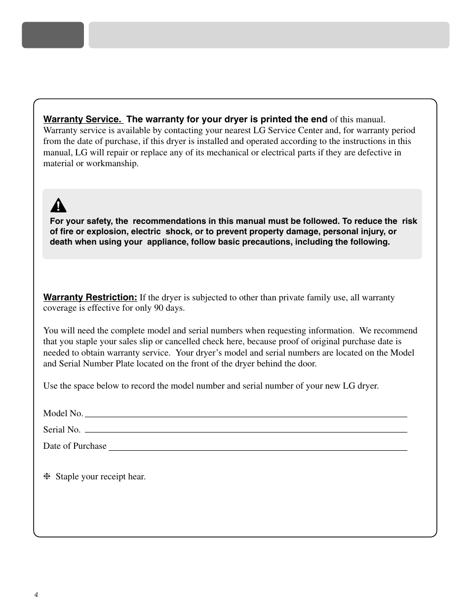Part 2, Important warranty and safety instructions, Warning | Seeking warranty assistance | LG DLE2515S User Manual | Page 5 / 64