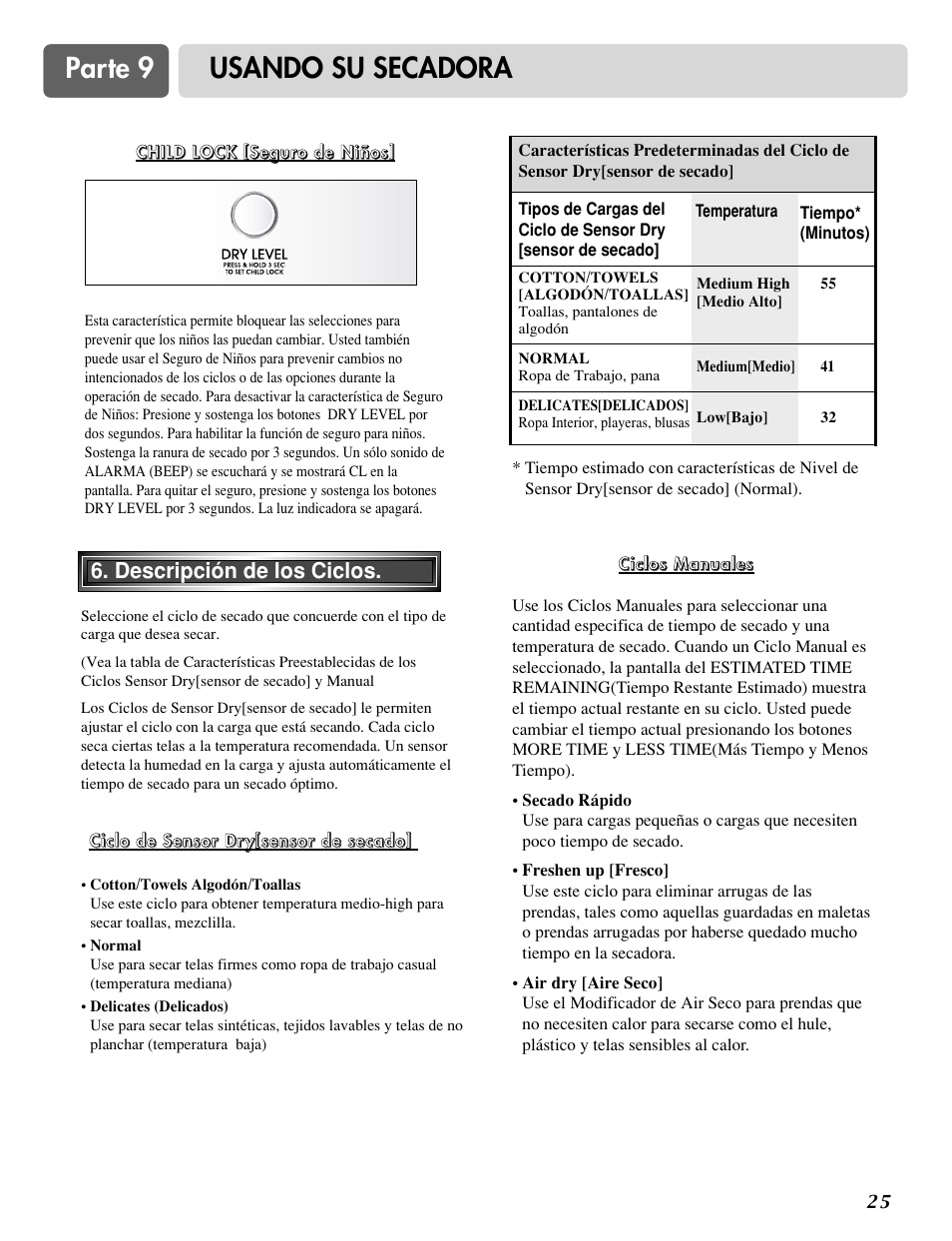Parte 9 usando su secadora, Descripción de los ciclos | LG DLE2515S User Manual | Page 57 / 64