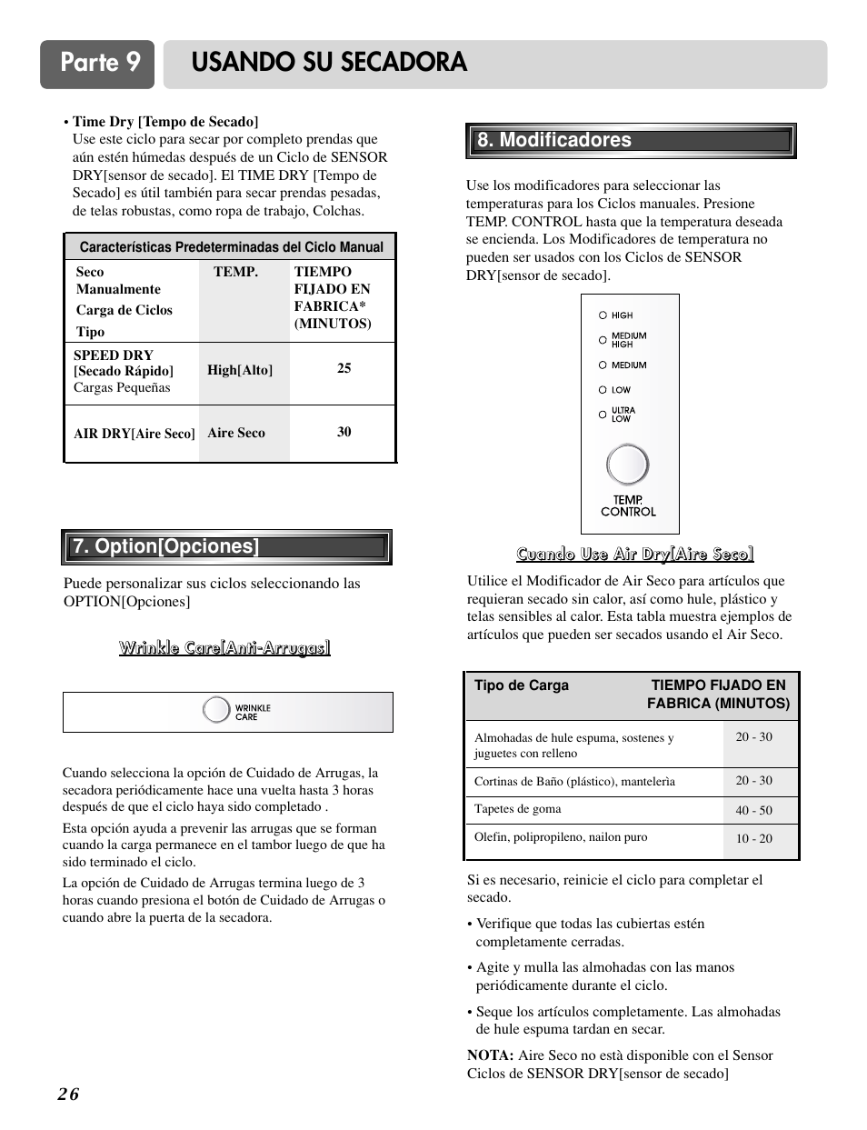 Parte 9 usando su secadora, Option[opciones] 8. modificadores | LG DLE2515S User Manual | Page 58 / 64