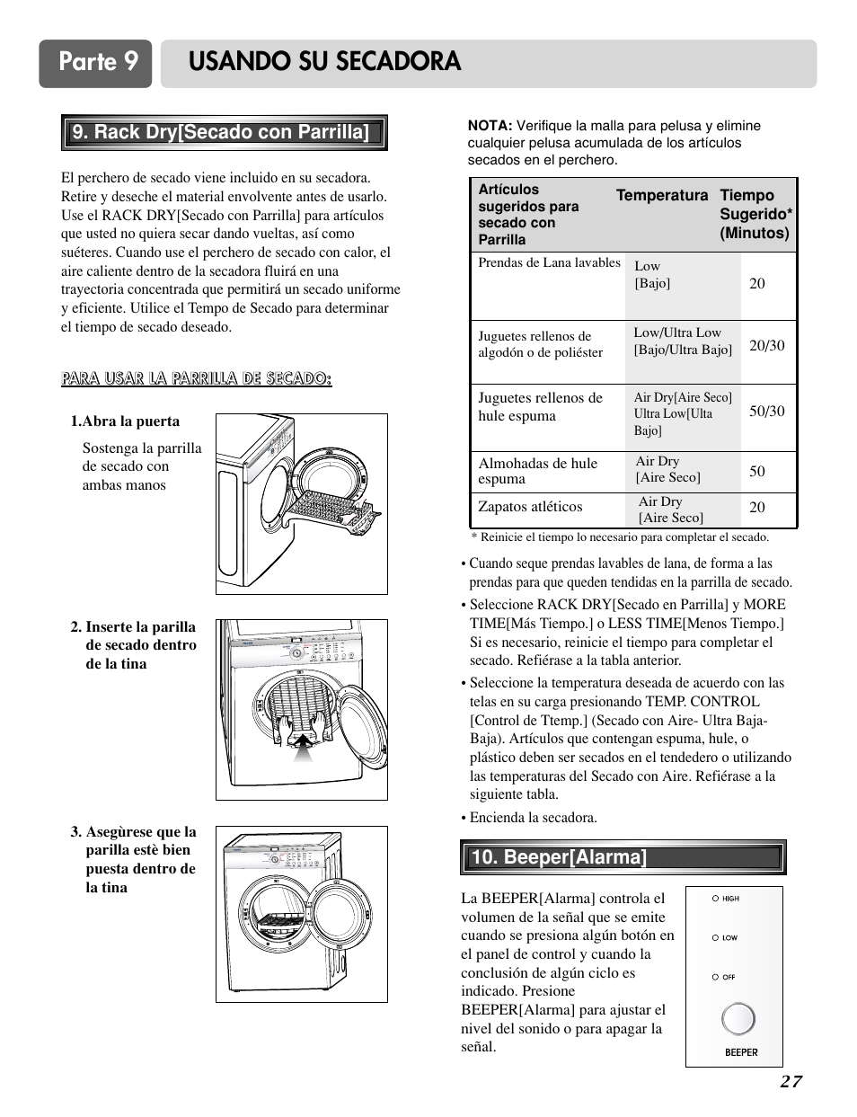 Parte 9 usando su secadora, Rack dry[secado con parrilla, Beeper[alarma | LG DLE2515S User Manual | Page 59 / 64