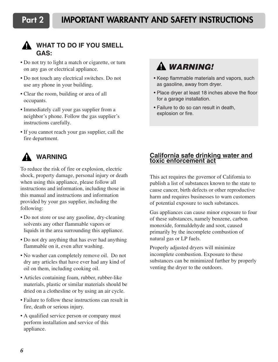 Part 2, Important warranty and safety instructions, Warning | LG DLE2515S User Manual | Page 7 / 64