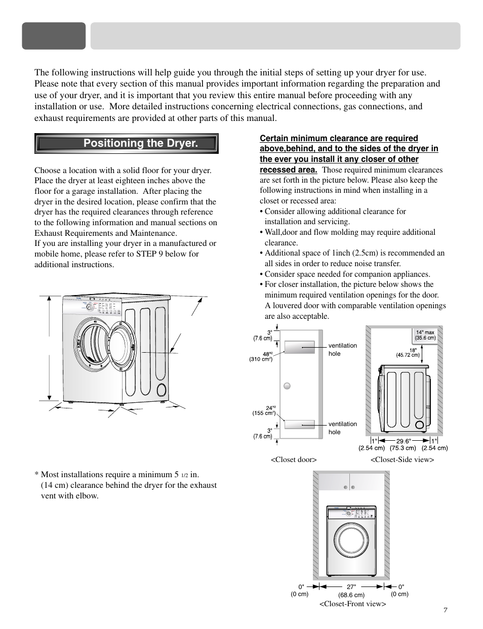 Part 3 initial steps for installing your dryer, Step 1 positioning the dryer | LG DLE2515S User Manual | Page 8 / 64