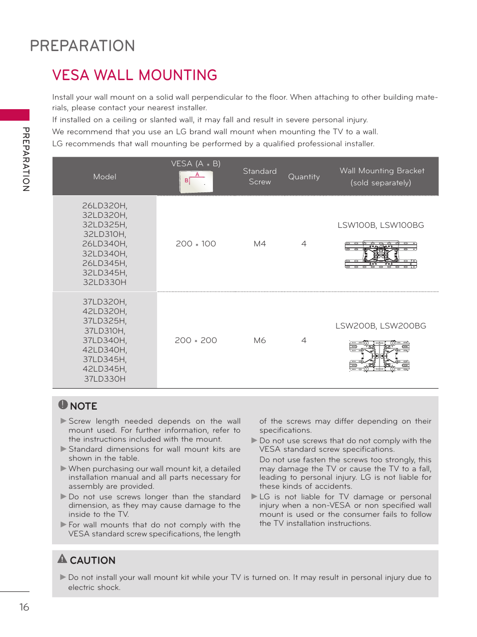 Vesa wall mounting, Preparation, Caution | LG 26LD340H User Manual | Page 16 / 317